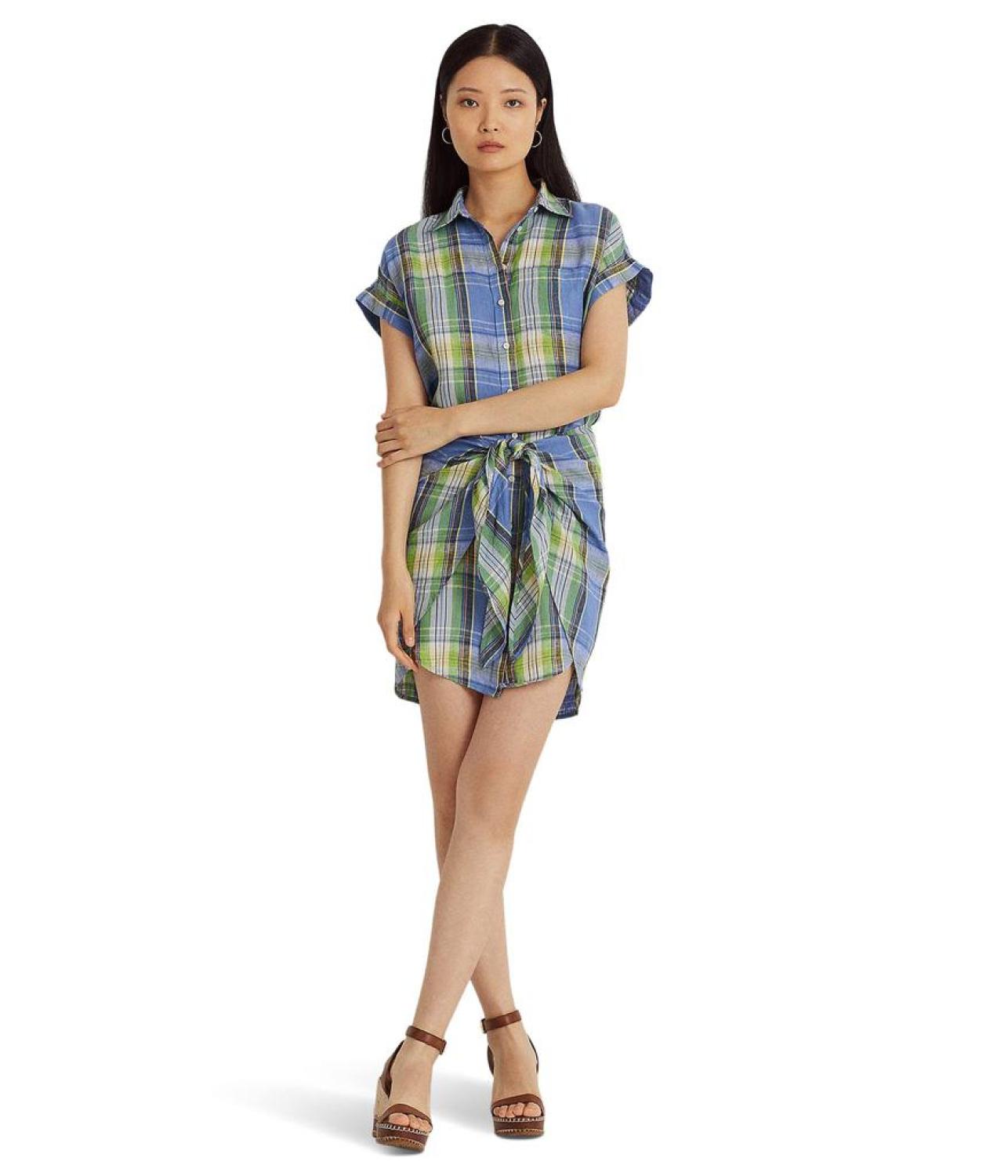 Petite Plaid Tie Front Linen Shirtdress