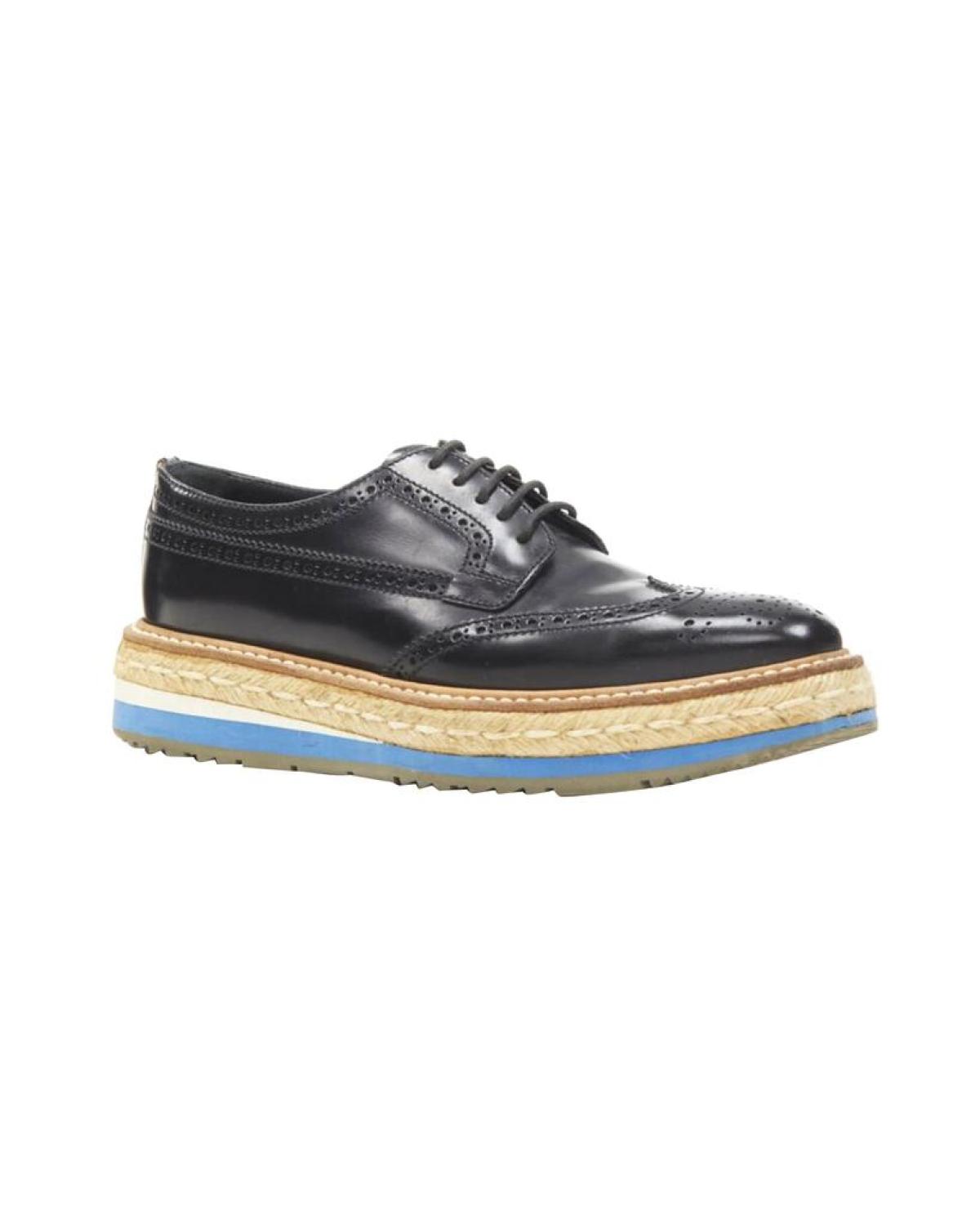 PRADA black perforated leather jute espadrille platform brogue