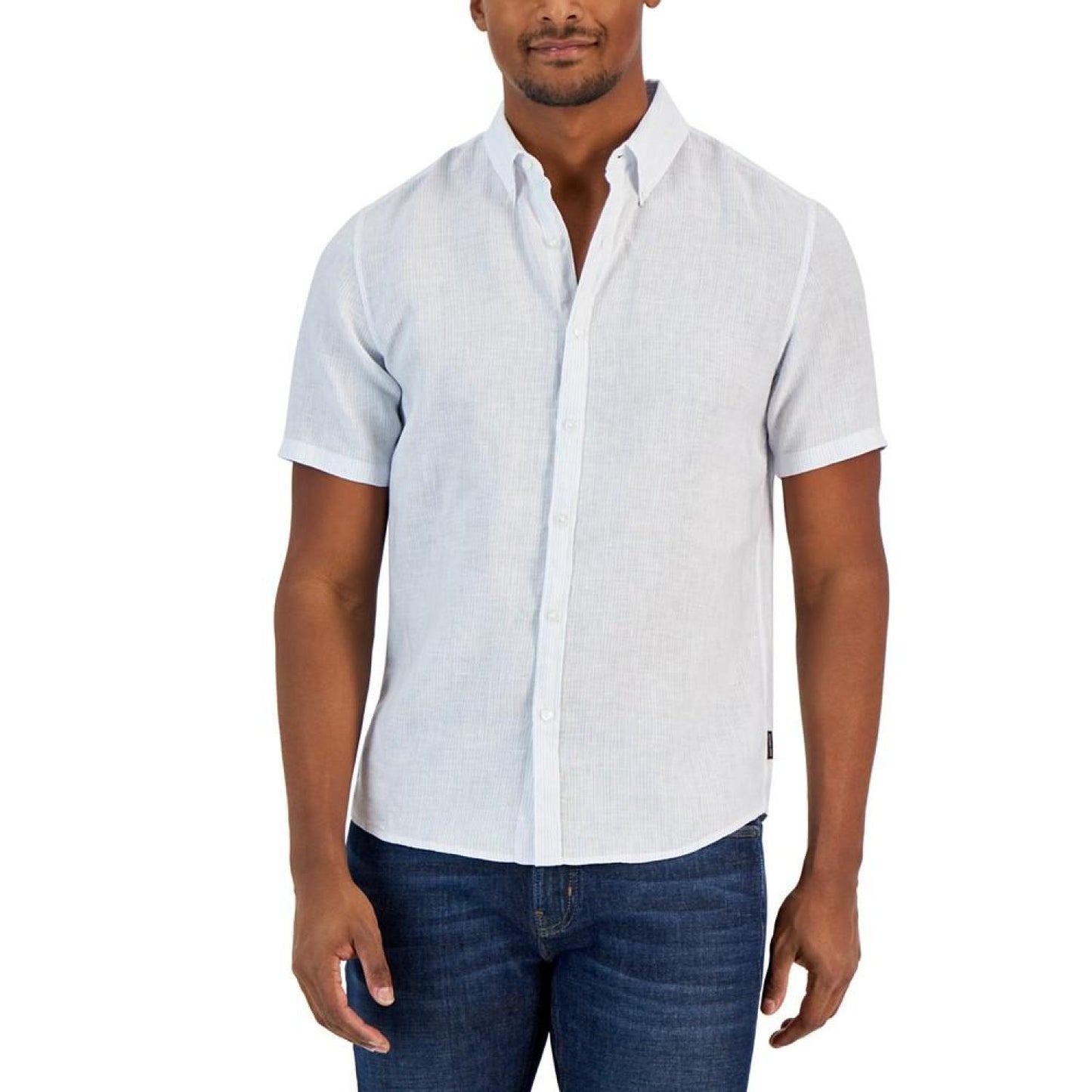 Men's Slim-Fit Button-Down Short Sleeve Striped Linen Shirt