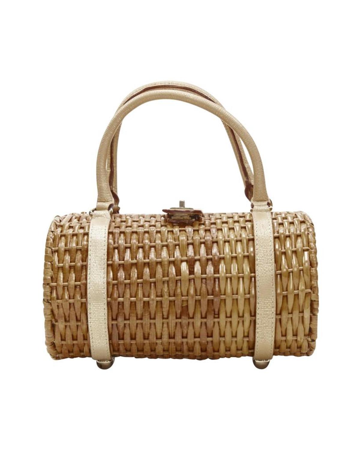 KATE SPADE brown bamboo rattan wicker metallic leather handle log bag