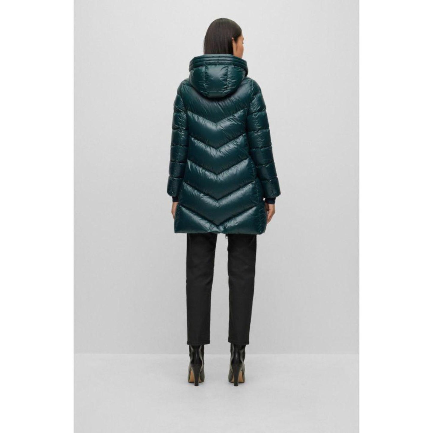 Longline quilted down jacket with oversize hood