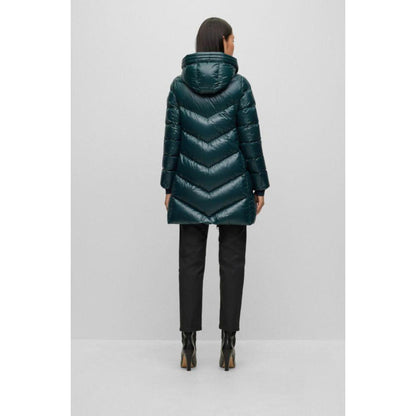 Longline quilted down jacket with oversize hood