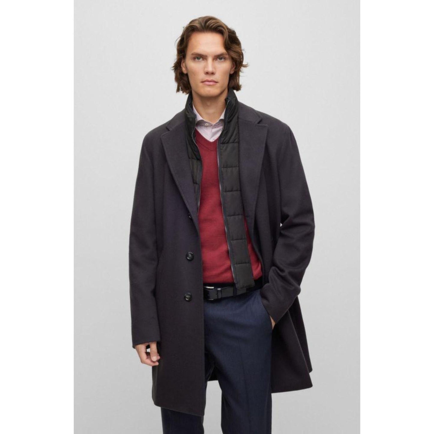 Wool-blend coat with zip-up inner