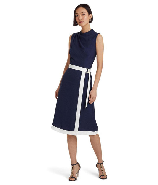 Belted Crepe Mock Neck Dress