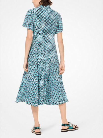 Windowpane Crushed Crepe De Chine Shirtdress