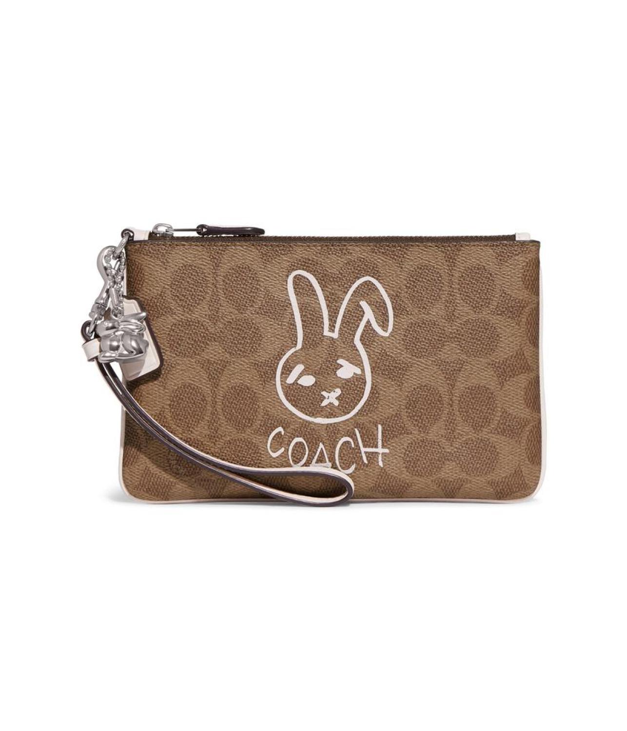 Bunny Graphic Coated Canvas Signature Small Wristlet