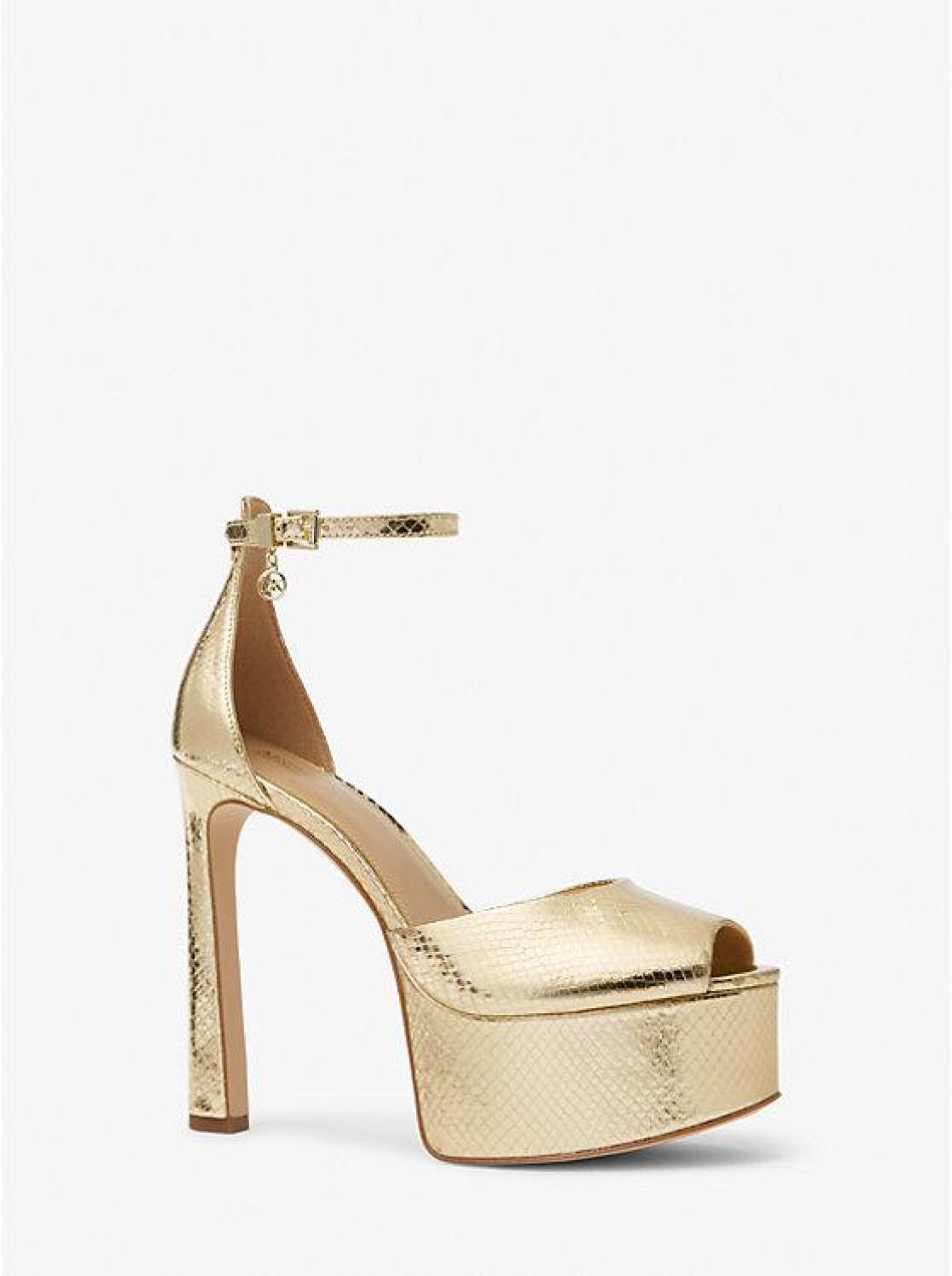 Martina Metallic Snake Embossed Leather Peep-Toe Platform Pump