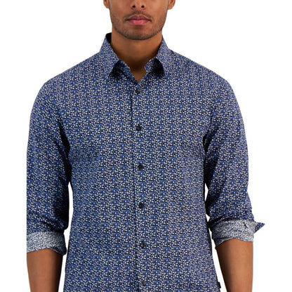 Men's Modern-Fit Stretch Textured Vine Sketch-Print Button-Down Shirt