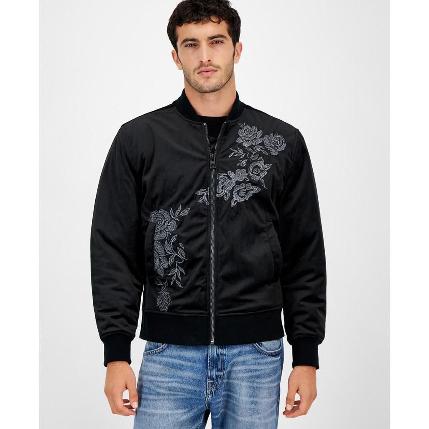 Men's Fulham Velvet Embroidered Zip-Front Bomber Jacket