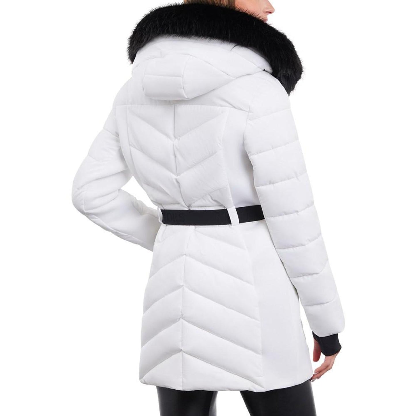 Women's Belted Faux-Fur-Trim Hooded Puffer Coat