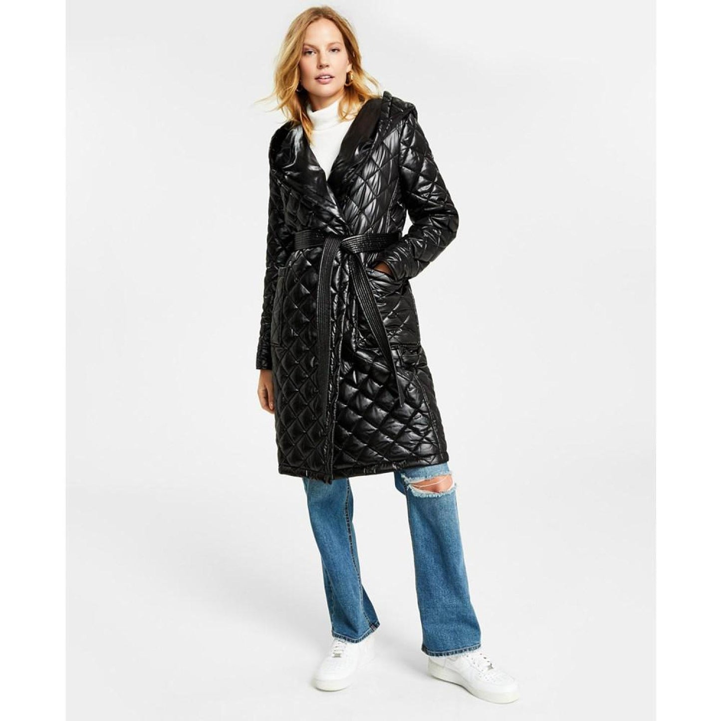 Women's Hooded Belted Quilted Coat