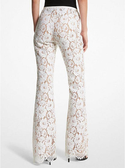 Cotton Blend Floral Lace Flared Trousers