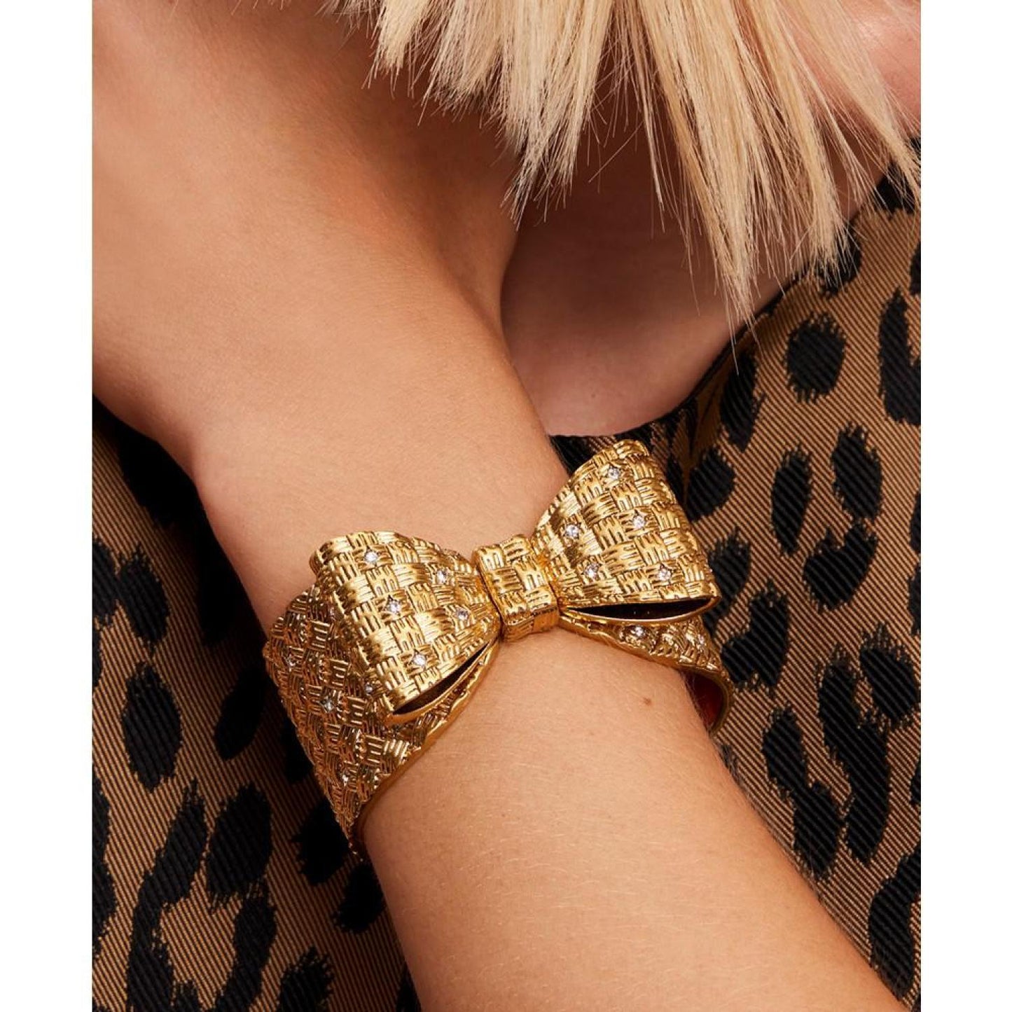 Gold-Tone Cubic Zirconia Bow Statement Cuff Bracelet