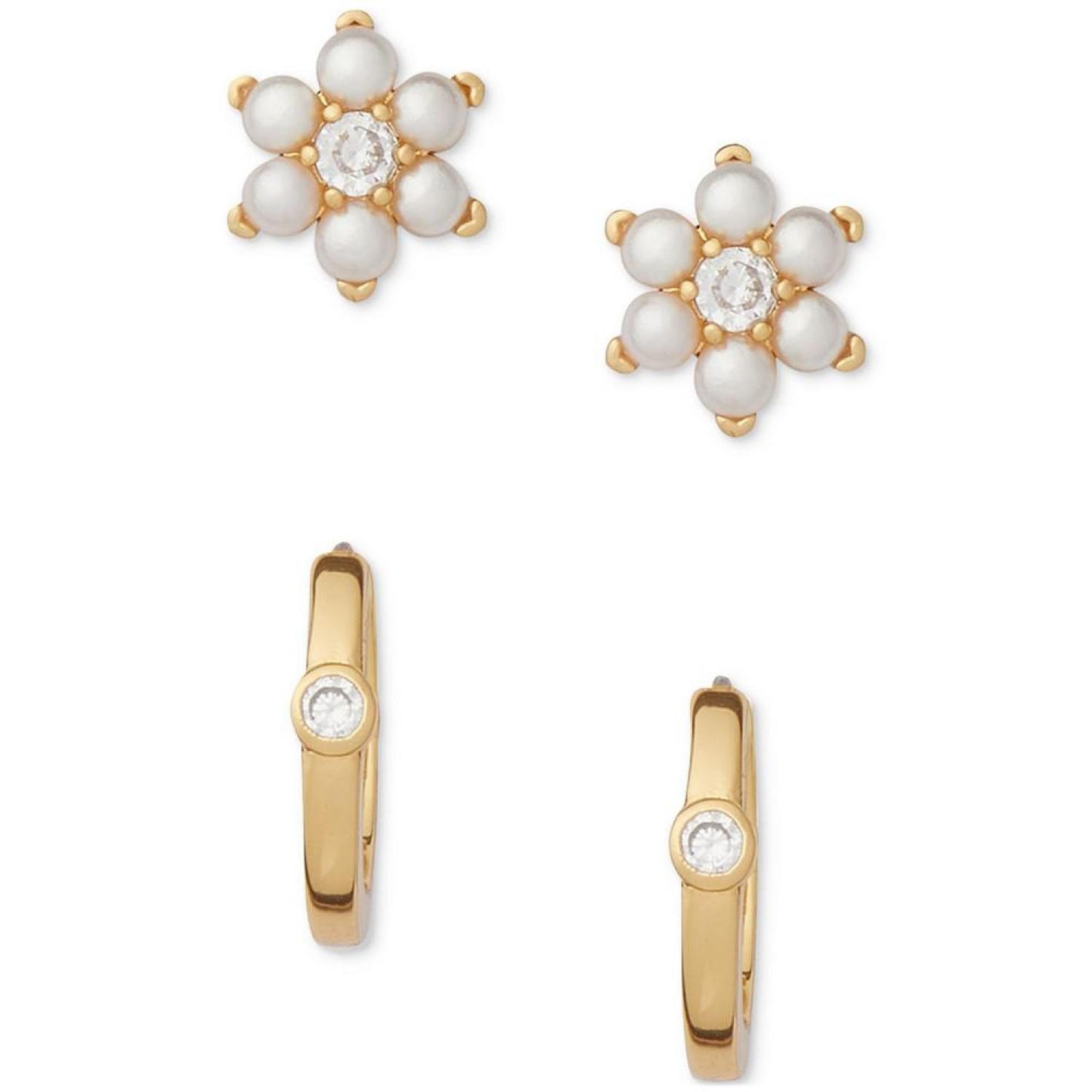 Gold-Tone 2-Pc. Set Imitation Pearl Flower Stud & Polished Huggie Hoop Earrings