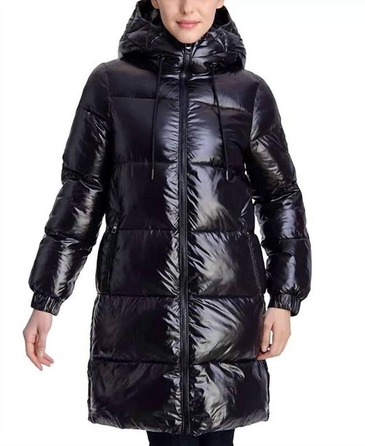 Down Shiny Hooded Puffer Coat In Black