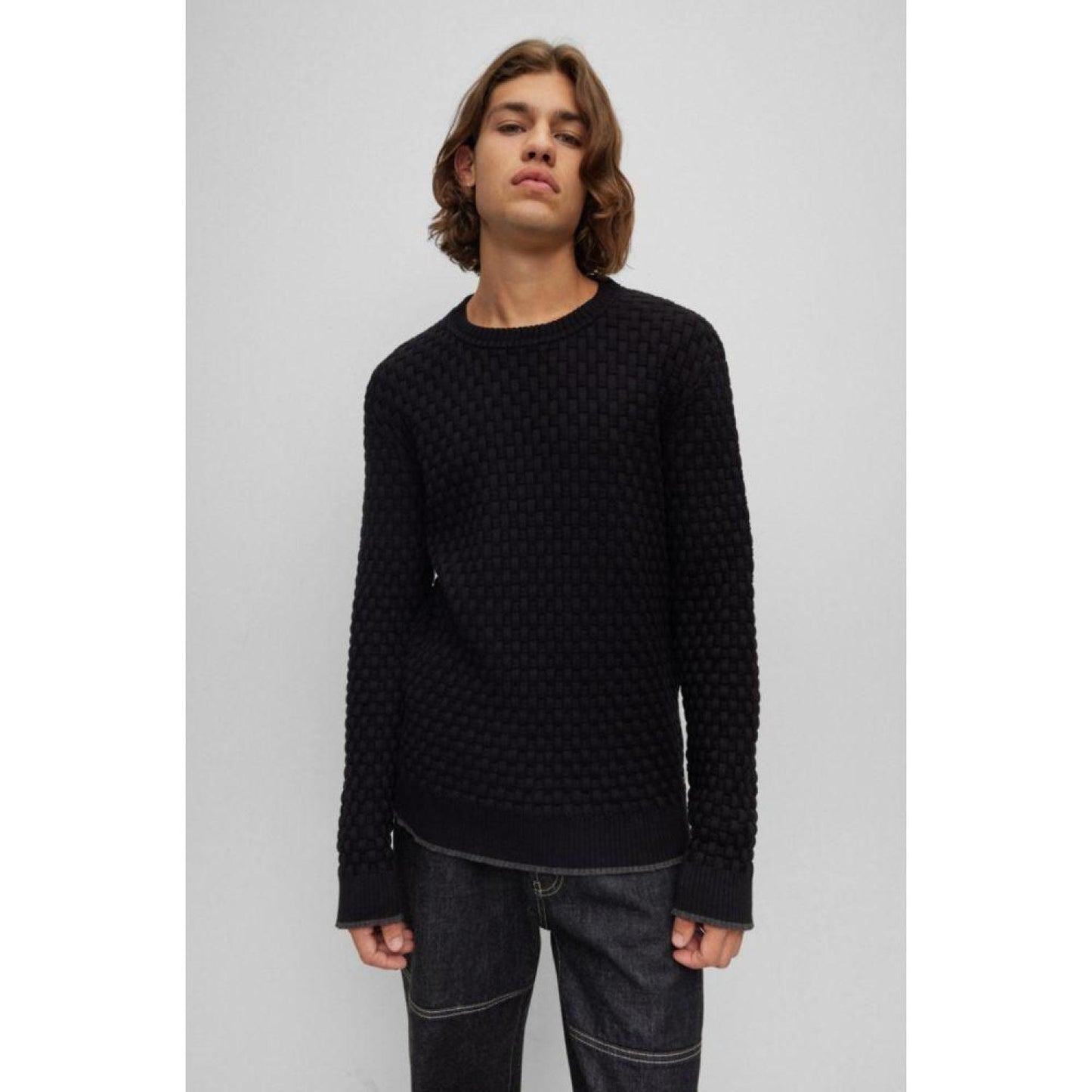 Crew-neck sweater in cotton with woven structure