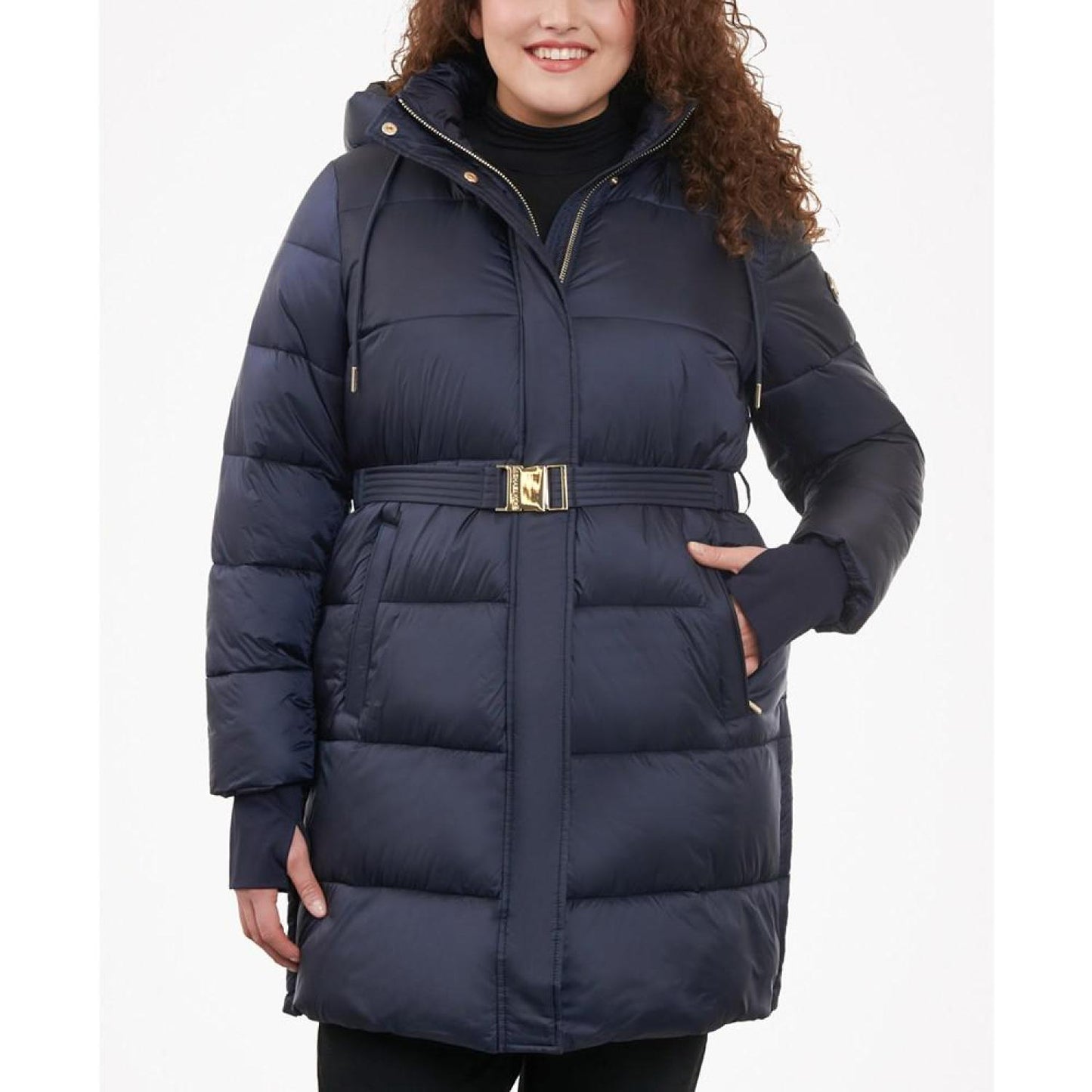 Women's Plus Size Hooded Belted Puffer Coat, Created for Macy's