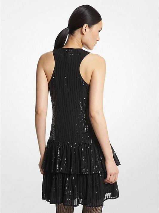 Pinstripe Sequined Georgette Halter Dress