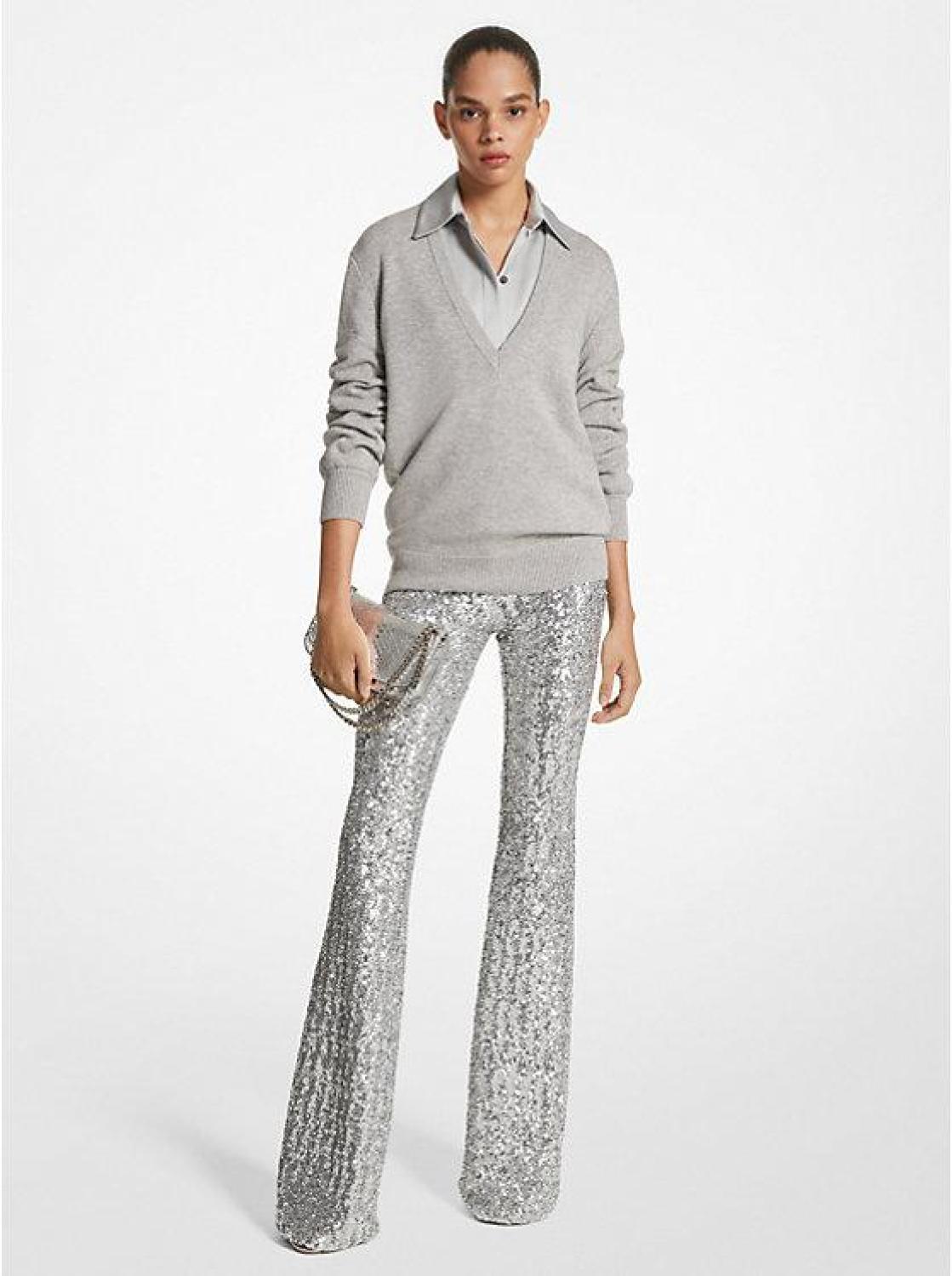 Sequined Stretch Tulle Flared Pants