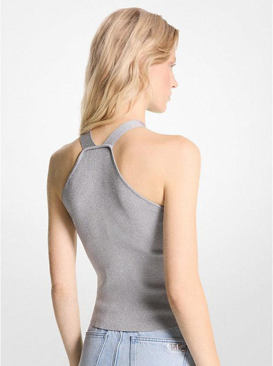 Metallic Stretch Knit Cutout Halter Tank