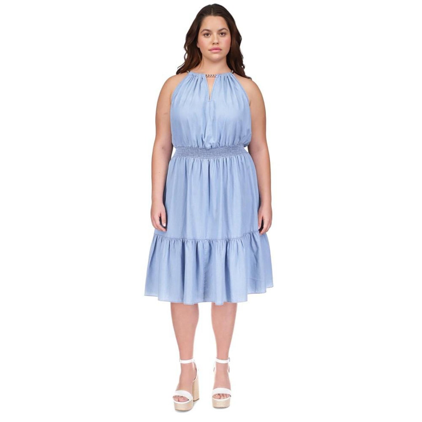 Plus Size Chain-Neck Smocked-Waist Tiered Dress