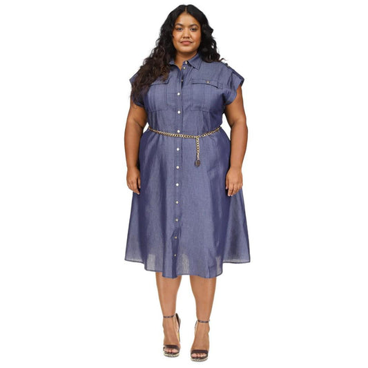 Plus Size Chain-Belt Classic Twill Button-Front Dress