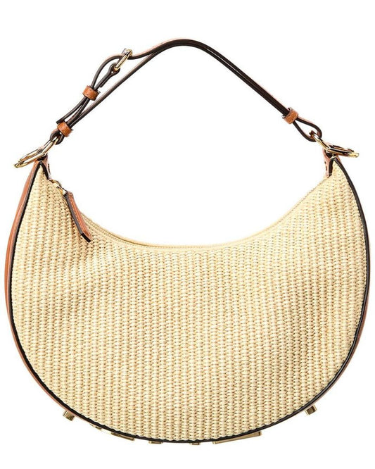 FENDI Fendigraphy Small Straw & Leather Hobo Bag