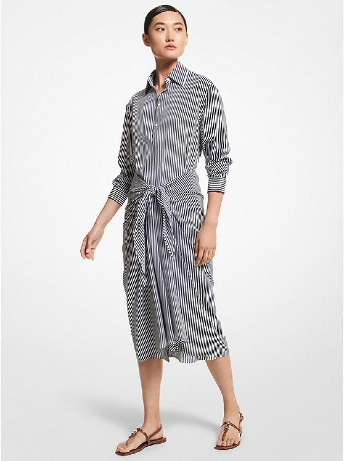 Striped Silk Crepe De Chine Tie-Waist Shirtdress