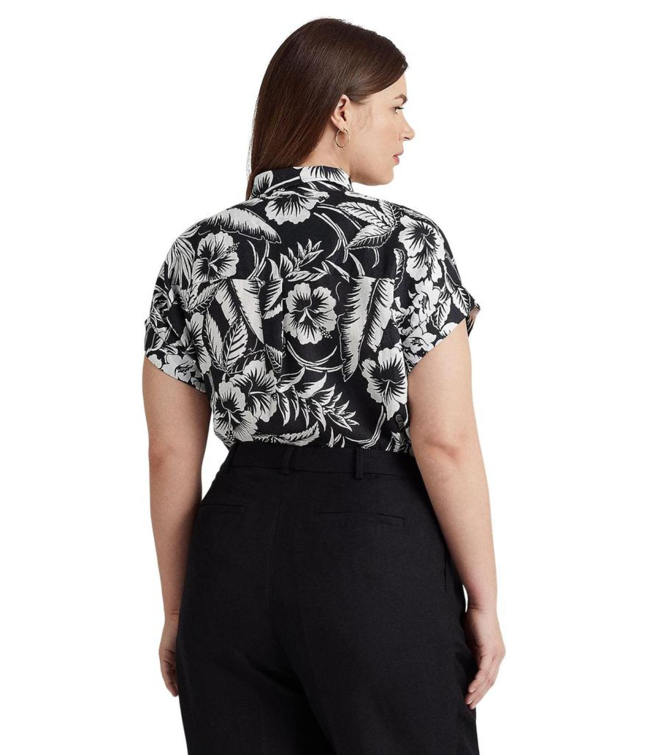 Plus Size Floral Linen Short Sleeve Shirt