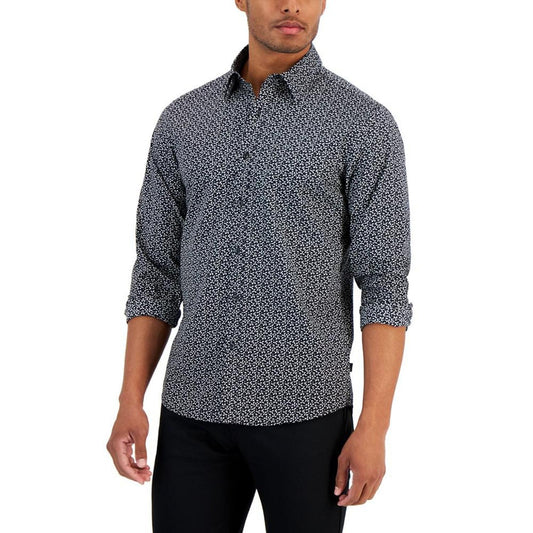 Men's Slim-Fit Stretch Broken Geometric Floral-Print Button-Down Shirt