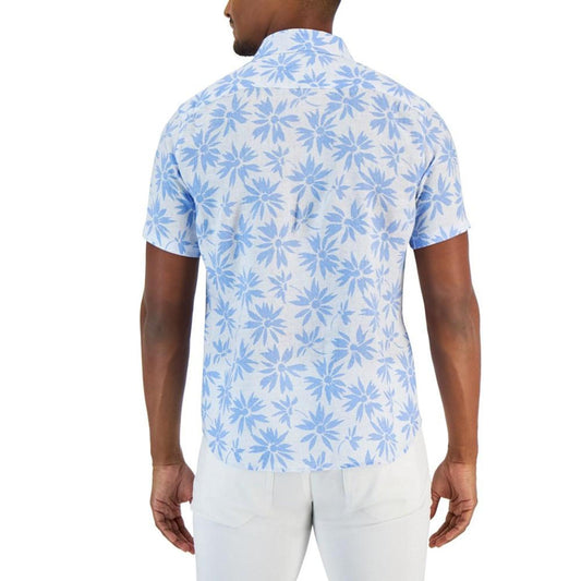 Men's Button-Front Short Sleeve Floral Print Linen Shirt