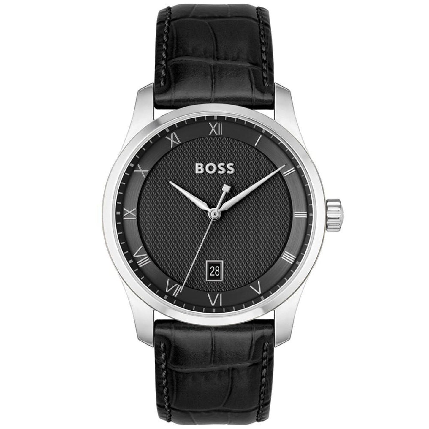 Men Principle Quartz Basic Calendar Black Leather Watch 41mm