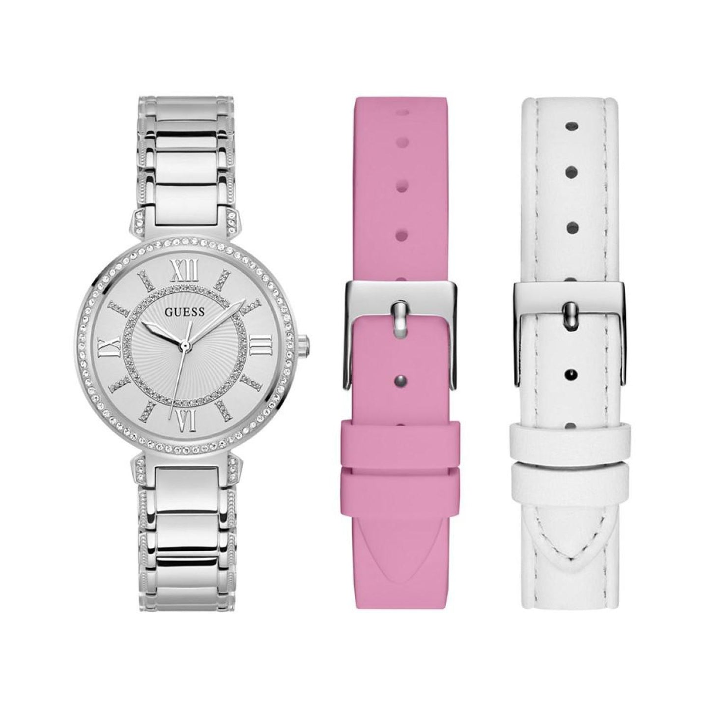 Women's Analog Silver-Tone Stainless Steel Watch with Pink, White Suede and Leather Strap Gift Set 36mm