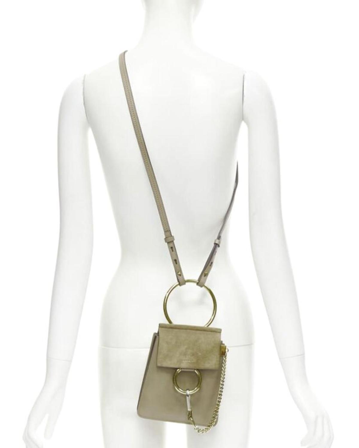 CHLOE Faye gold bangle bracelet ring chained crossbody grey suede leather bag