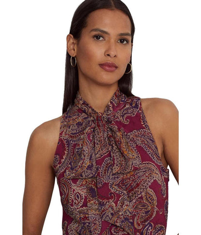 Paisley Crinkle Georgette Tie-Neck Dress