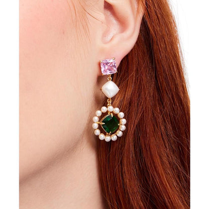 Gold-Tone Color Cubic Zirconia, Freshwater & Imitation Pearl Halo Linear Drop Earrings