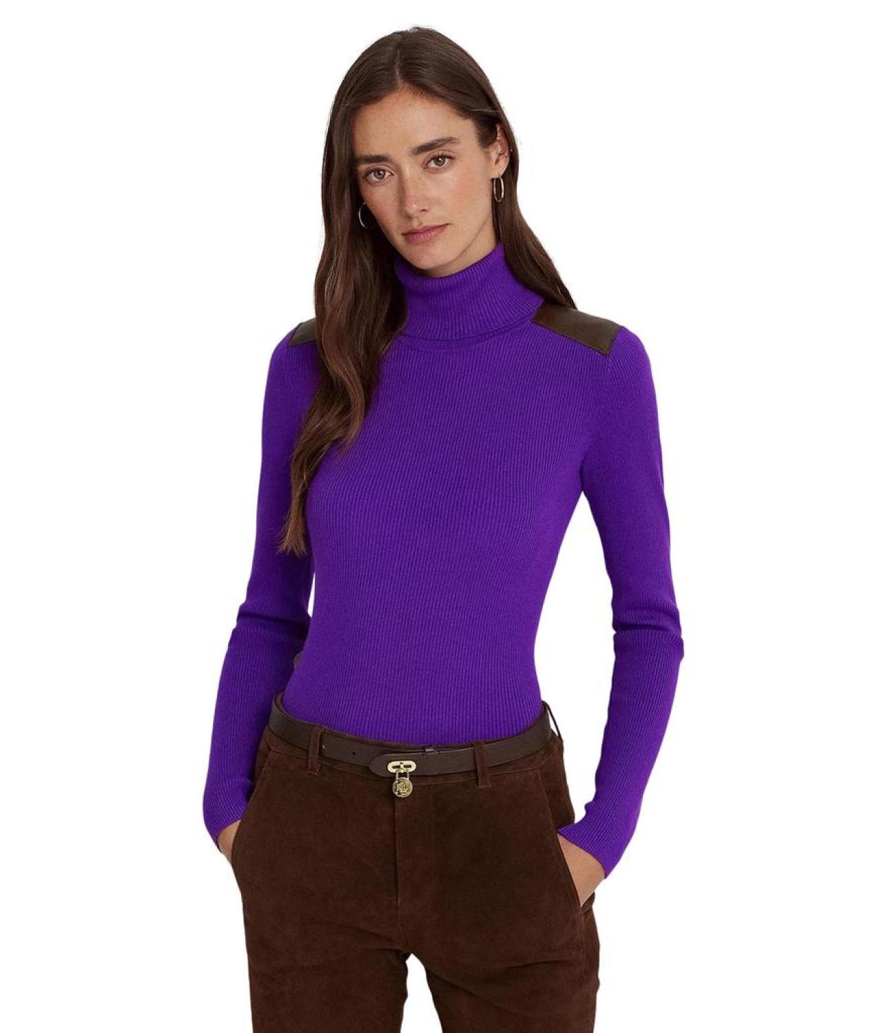 Faux Leather-Trim Ribbed Turtleneck