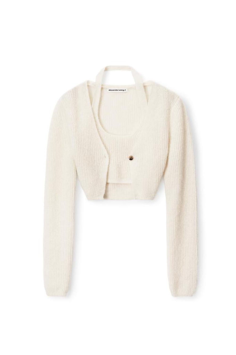 Jacquard Long Sleeve Logo Cardigan In Stretch Knit