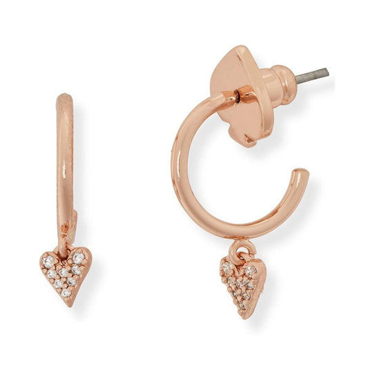 Rose Gold-Tone Pavé Heart Charm Huggie Hoop Earrings