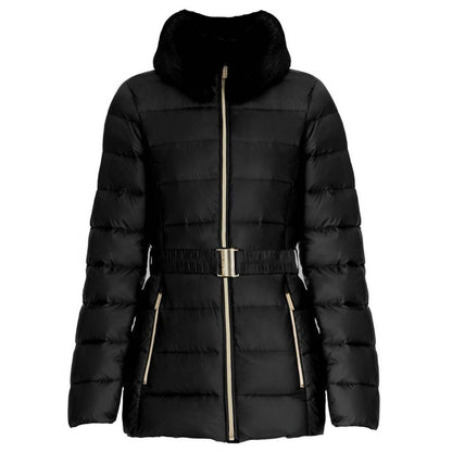 Faux Fur Collar Belted Lightweight Down Puffer Coat In Black