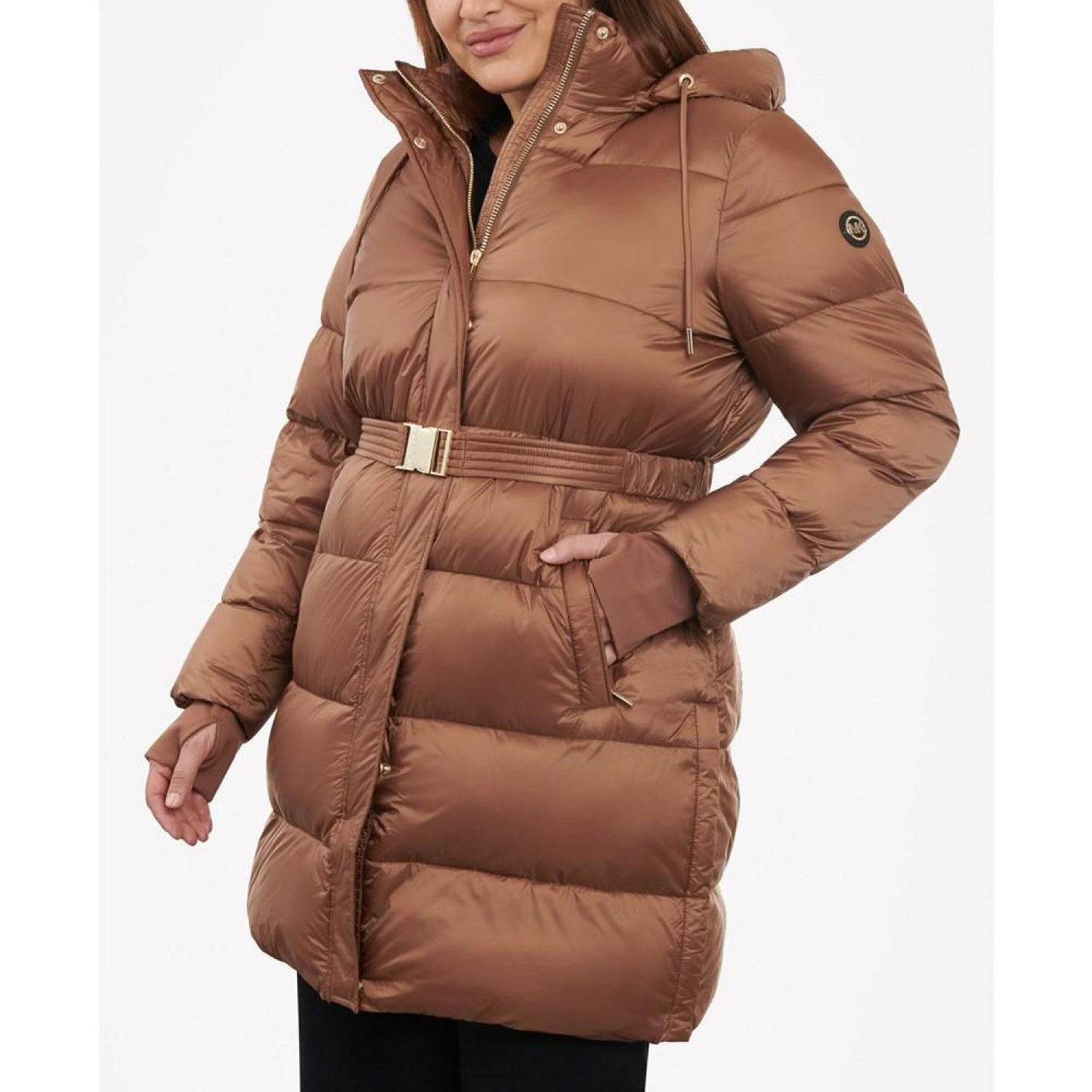 Women's Plus Size Hooded Belted Puffer Coat, Created for Macy's