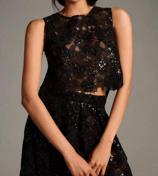 Sheer Embroidered Sequin Tank Top In Black