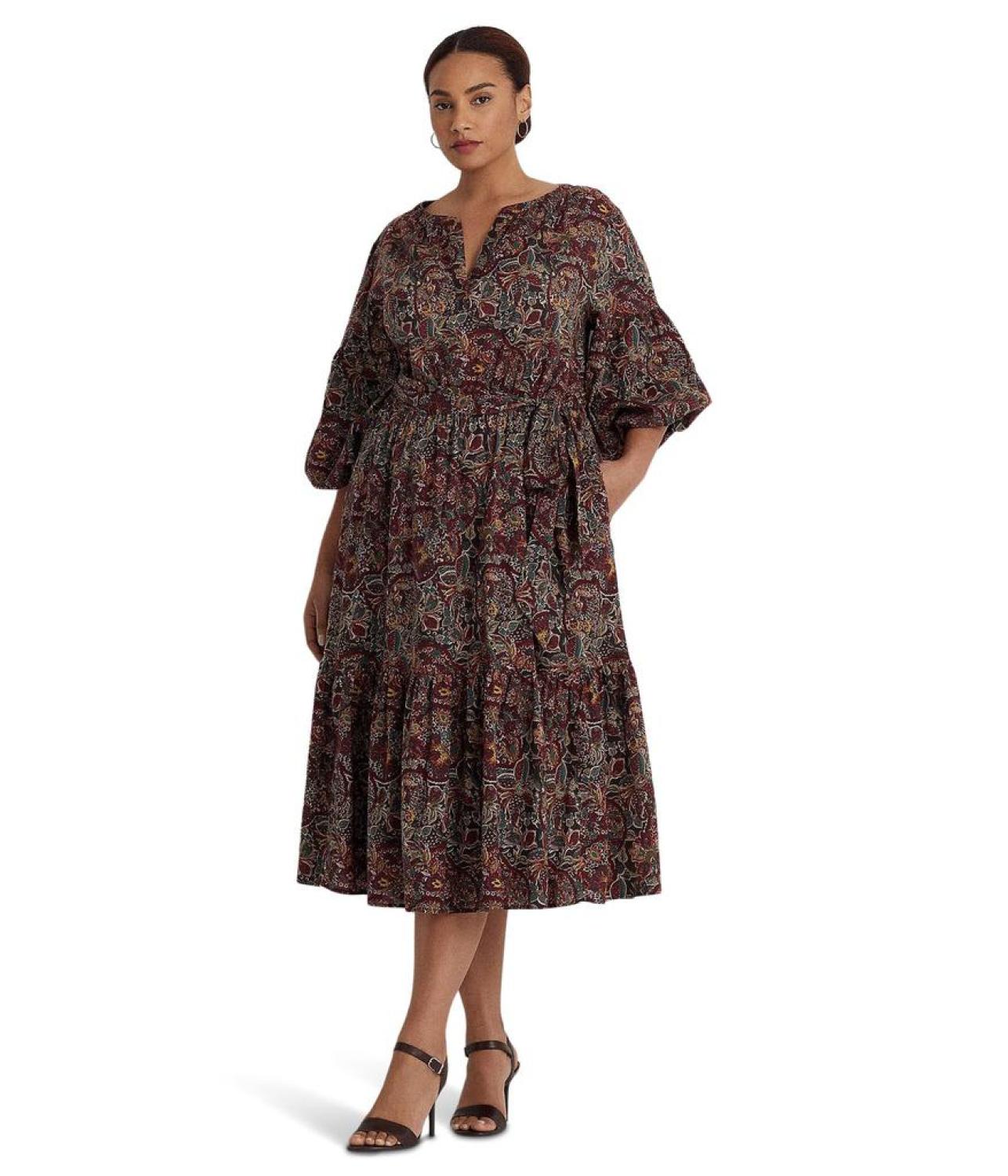 Plus Size Floral Belted Cotton Voile Tiered Dress