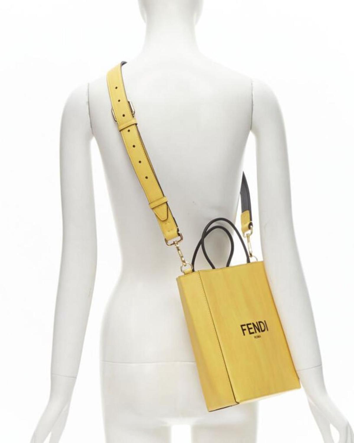 new FENDI Pack Small Shopping yellow leather logo print crossbody tote bag