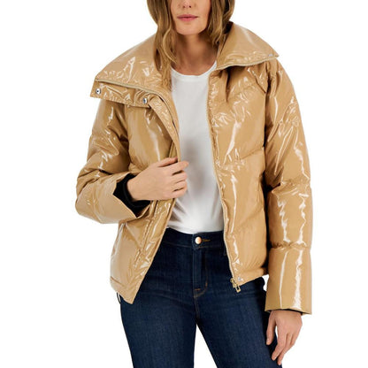 Women's Convertible-Collar Glossy Puffer Jacket