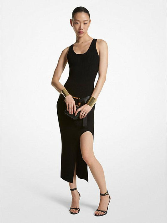 Ribbed Stretch Viscose Crepe Slit Dress