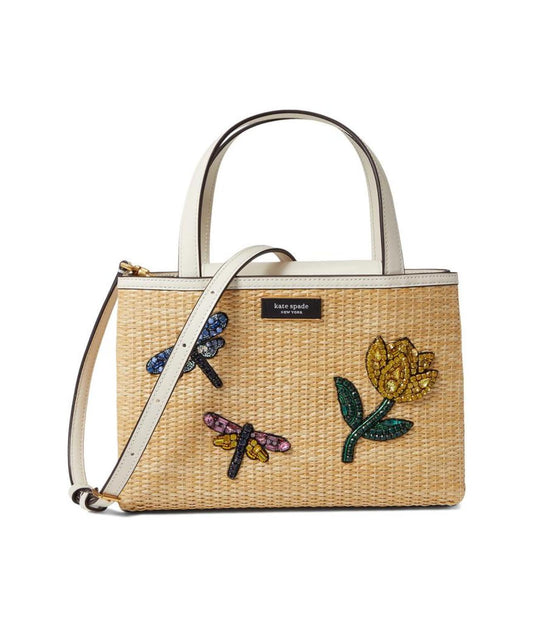 Sam Icon Dragonfly Embellished Straw Small Tote