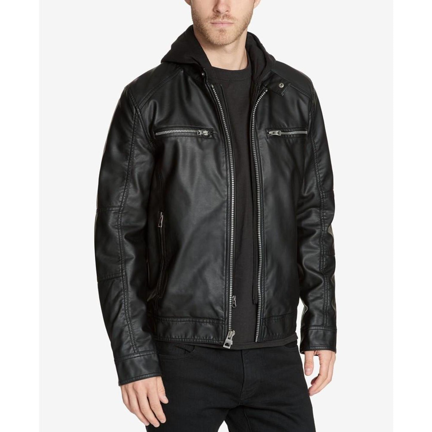 Men's Faux-Leather Detachable-Hood Motorcycle Jacket