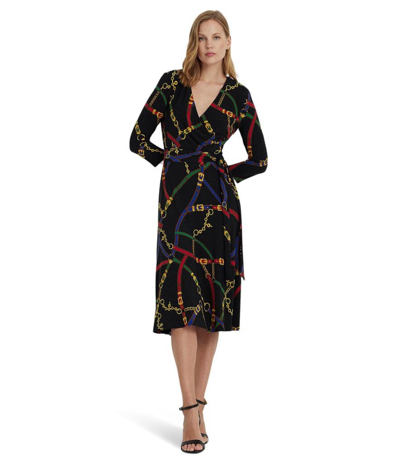 Belting-Print Surplice Jersey Dress