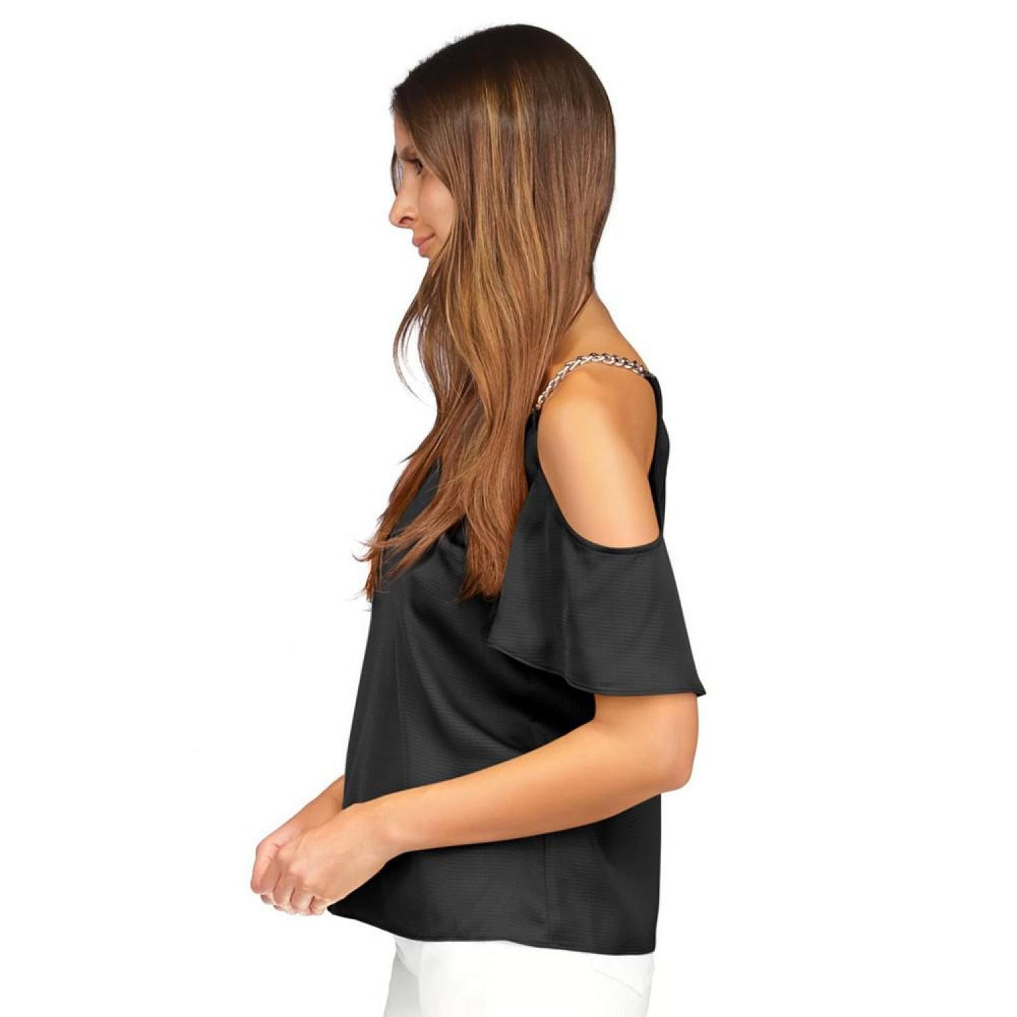 Women's V-Neck Cold-Shoulder Chain-Trim Top